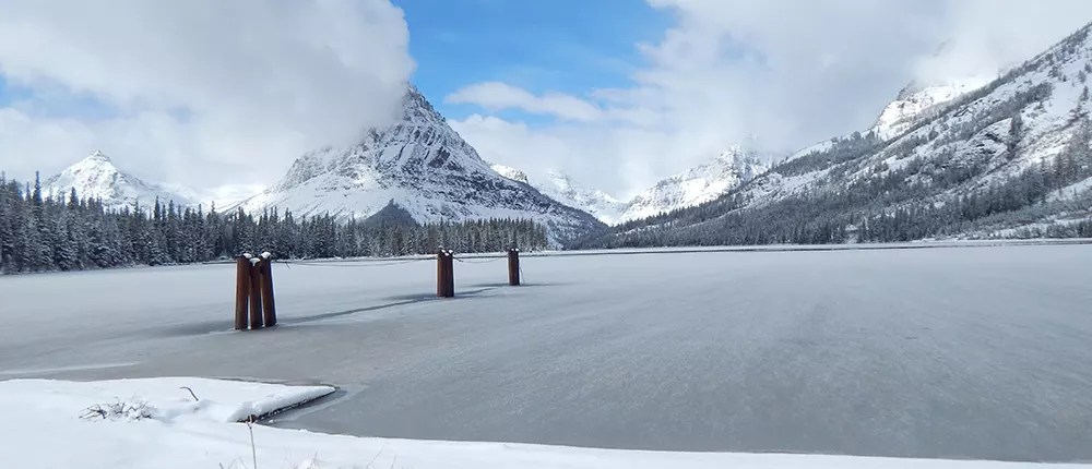 Frozen Two Medicine Lake on an early April day