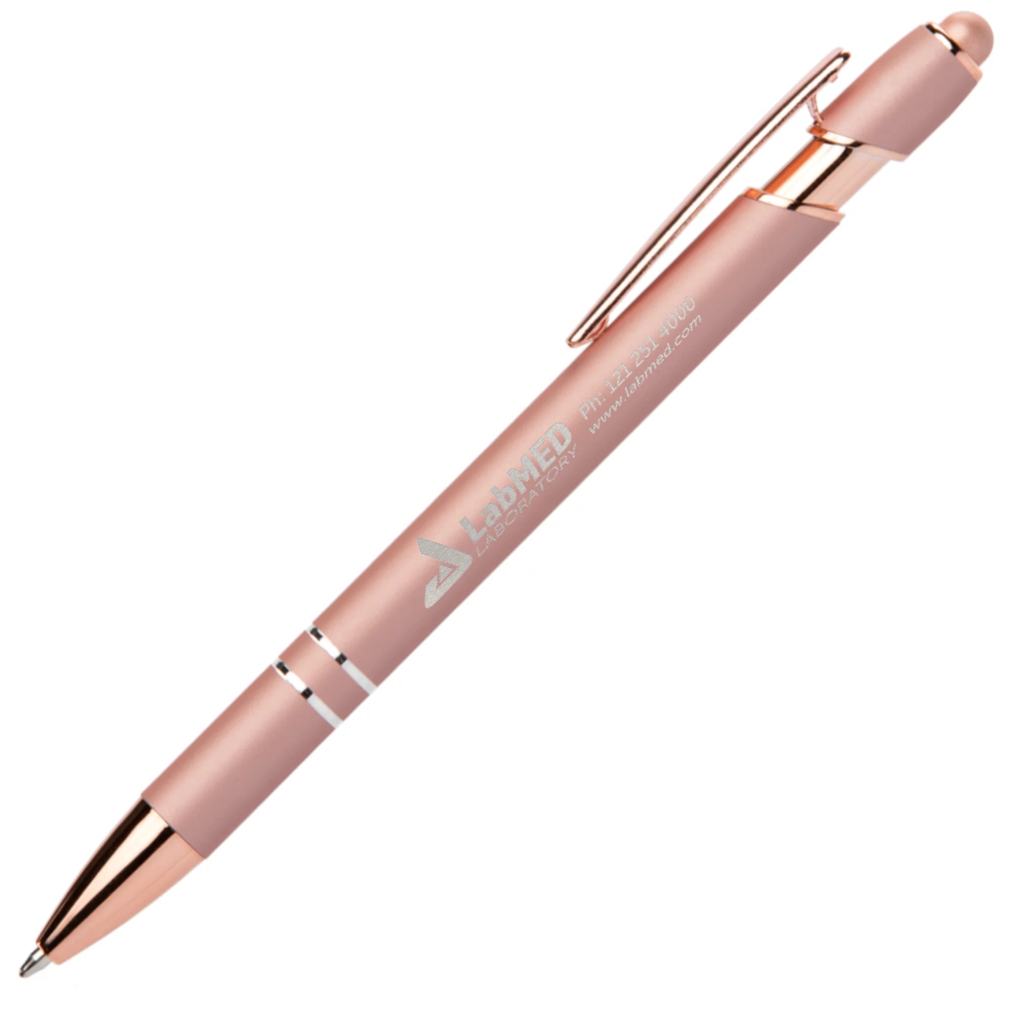 Custom mineral alpha soft touch pen with rose gold trim