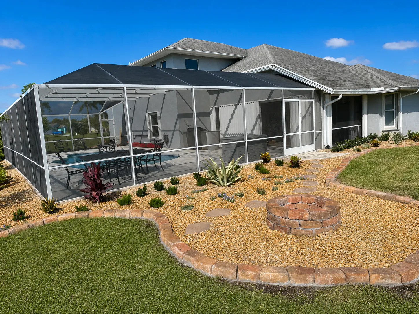 Northwest Port St. Lucie poolside landscape with stepping stones and a concrete-block fire pit