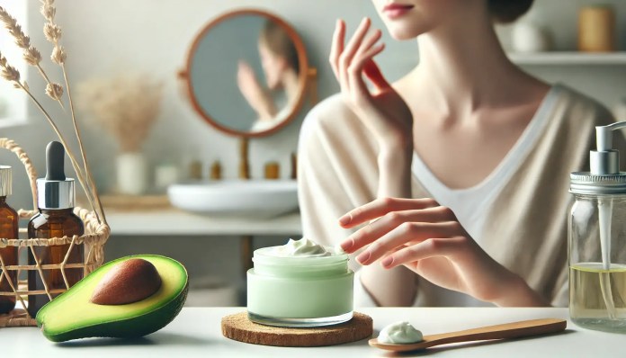 Light-skinned woman applying avocado butter to her face in a bathroom.
