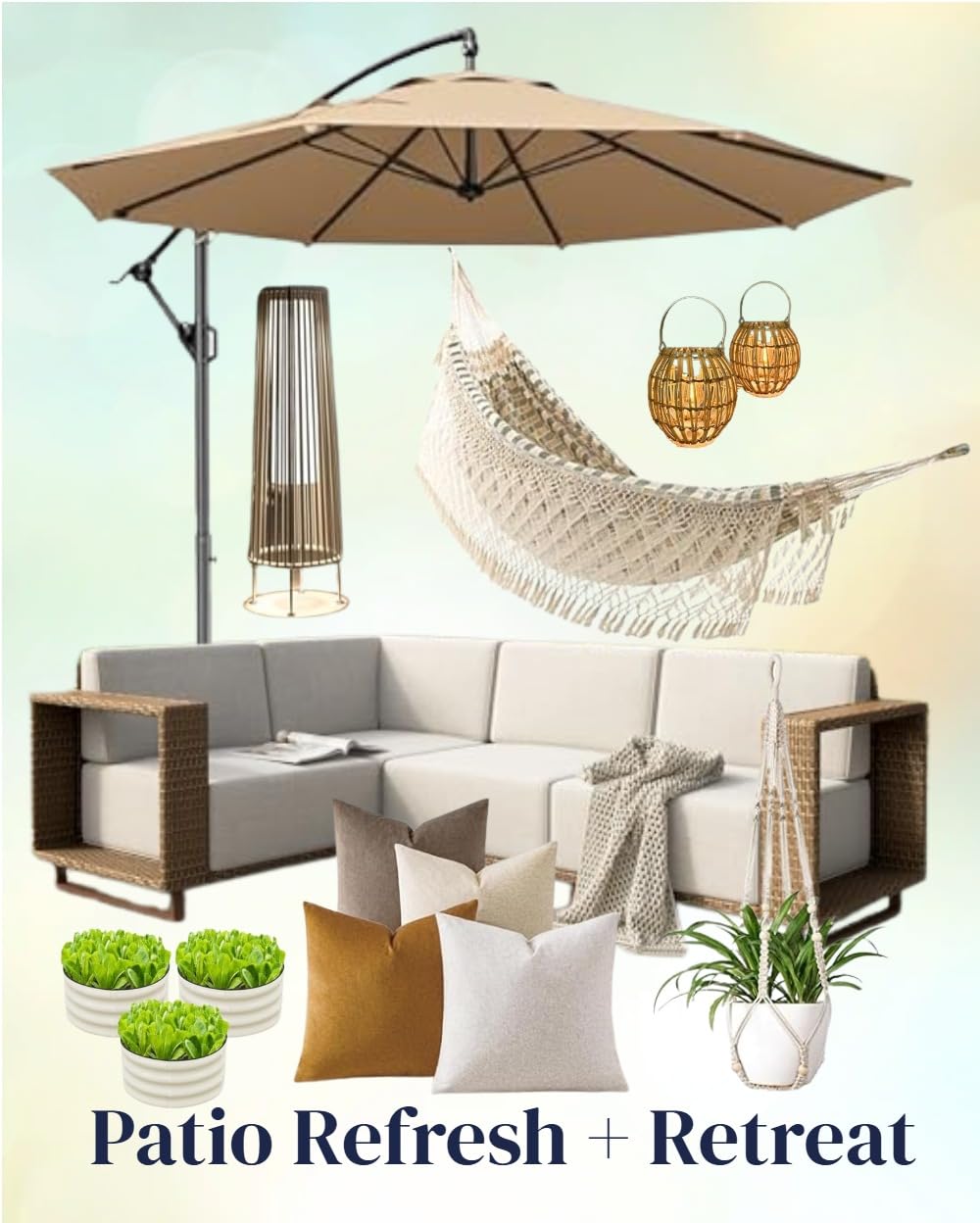 collage of amazon finds to refresh a patio space to make it more relaxing.