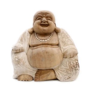 Handgesneden houten boeddhabeeld - 30cm Happy - Whitewash