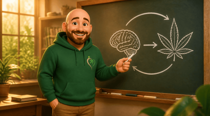 Instructor in a green hoodie points to a chalkboard diagram linking the brain to a cannabis leaf.