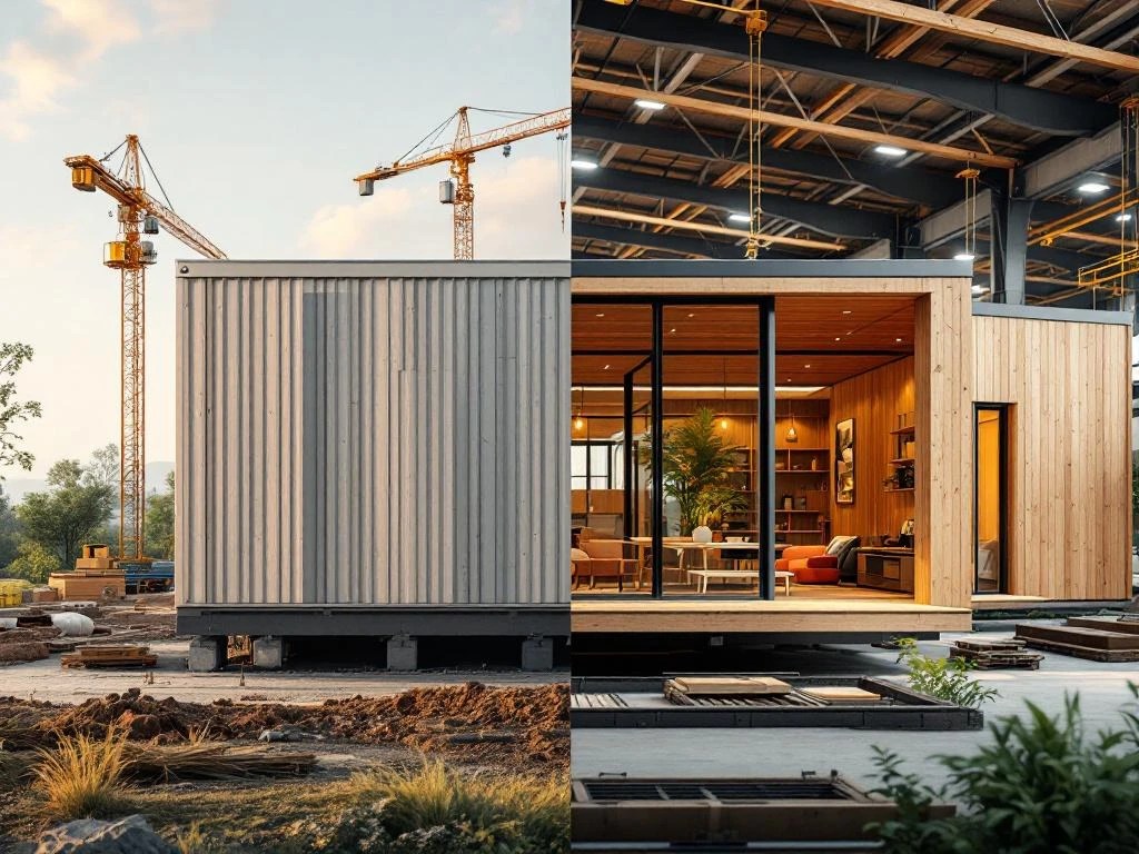 Vergelijking van traditionele modulaire bouw met kraan links en moderne prefab houtbouw in fabriek rechts