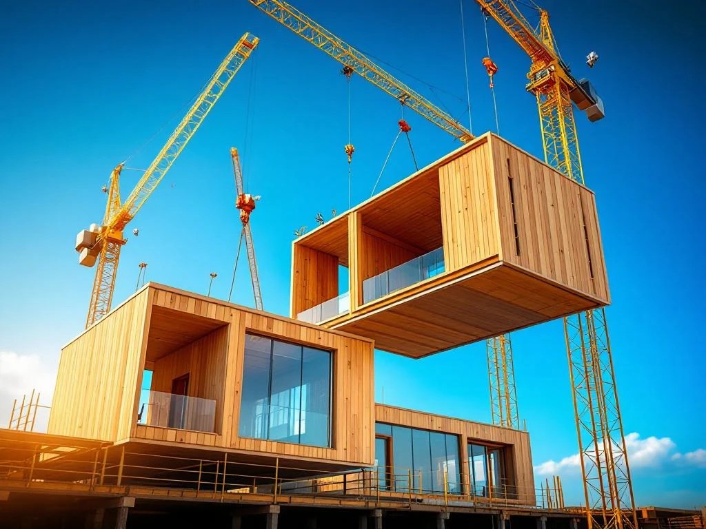 Luchtfoto van moderne bouwplaats met prefab modules die door kranen worden geassembleerd tot commercieel gebouw
