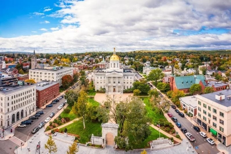 Aerial view of downtown Concord NH state house building, primary service area for Nault's Plumbing and Heating