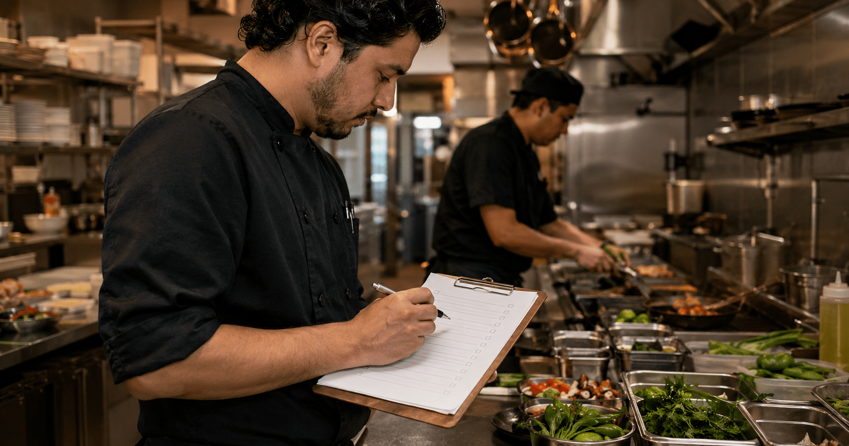 Line cook filling out a printable kitchen SOP template checklist on a clipboard during restaurant prep