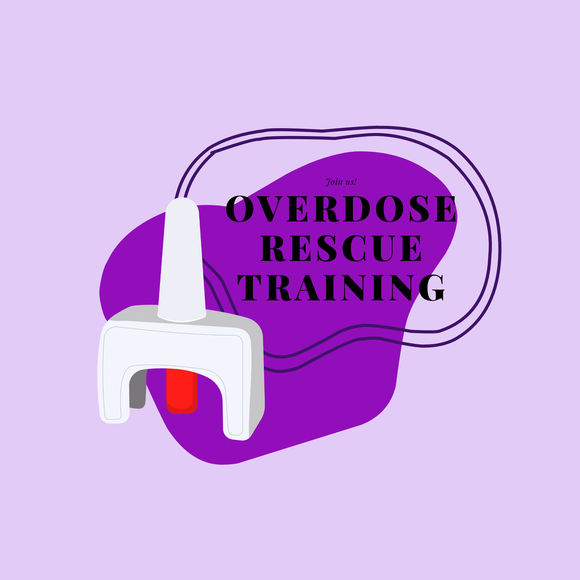 A naloxone nasal spray against a purple background with the text "Overdose Reversal Training"