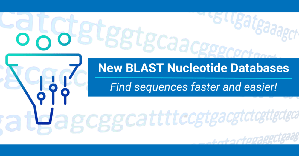 Abstract image with nucleotide sequence letters with text 'New BLAST Nucleotide Databases. Find sequences faster and easier!'