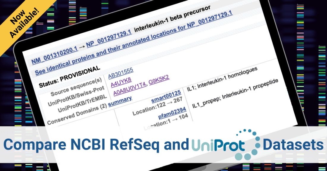 Screenshot of NCBI webpage. Text says: Now available! Compare NCBI RefSeq and UniProt Datasets.