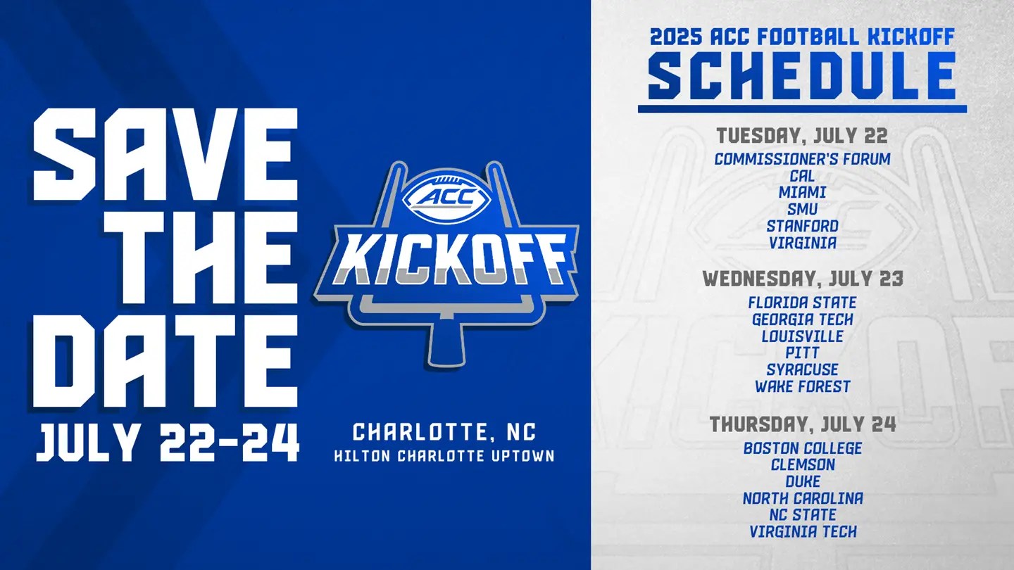The ACC announces its 2025 football kickoff dates and times: July 22-24 in Charlotte.