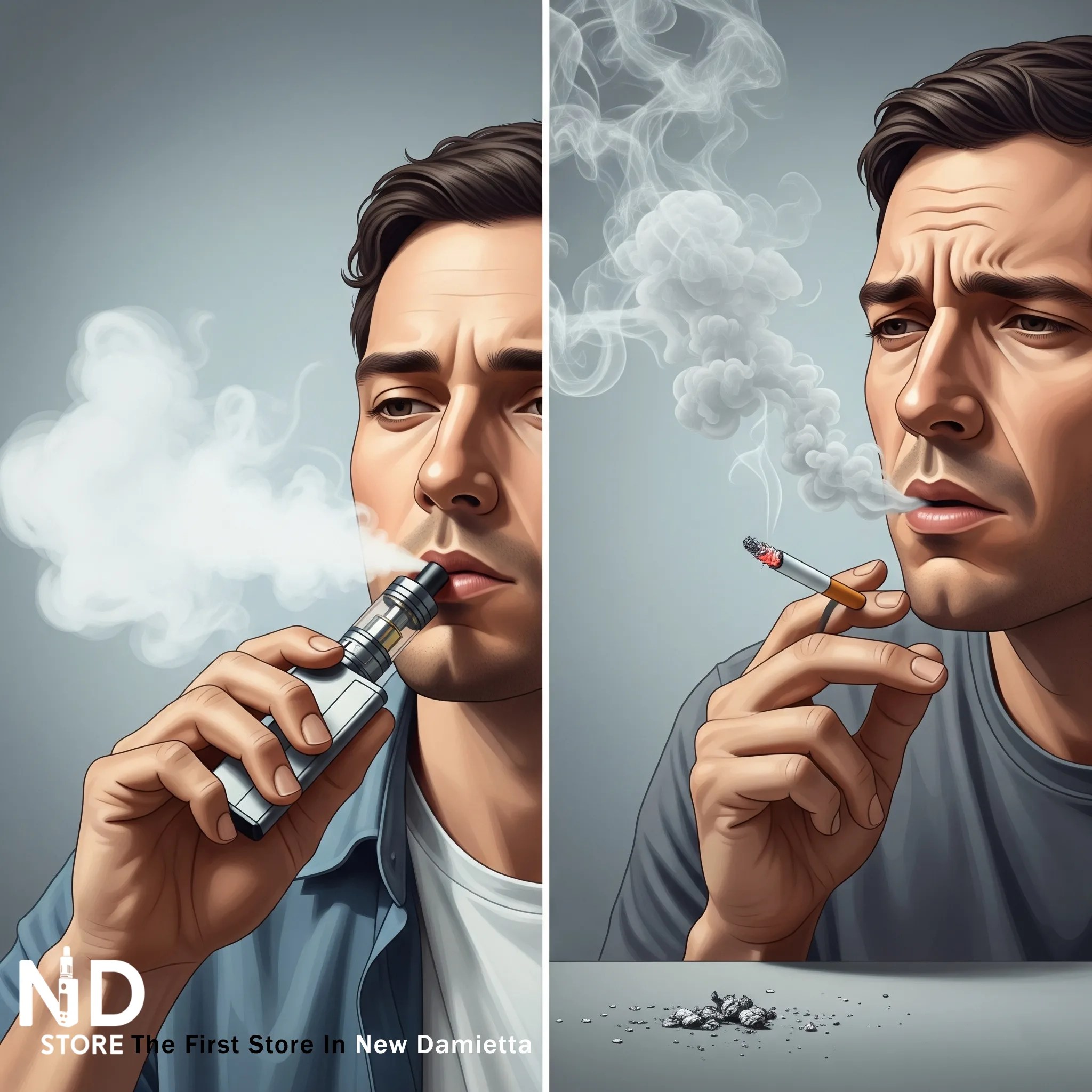 Vaping vs smoking opening image showing e-cigarette and traditional cigarette - ND Store, Vape Store in Damietta