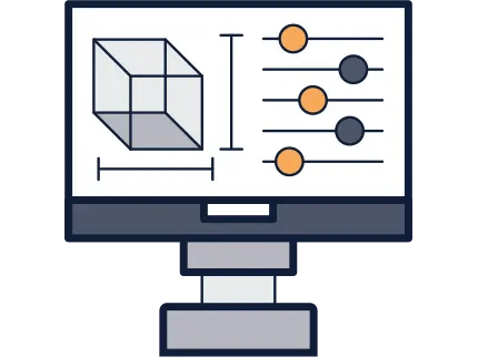 Illustration af en computerskærm med 3D-model og justeringsparametre. Grafikken symboliserer beregninger, simuleringer og analyse af designløsninger før fysisk udvikling og test.