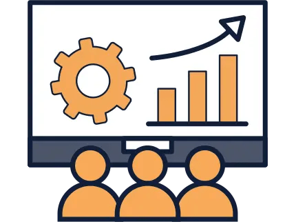 Illustration af en præsentation med tandhjul, vækstgraf og deltagere. Grafikken symboliserer feasibility-analyser, hvor tekniske muligheder, risici og forretningspotentiale vurderes før videre udvikling.