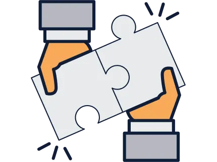 Illustration af to hænder, der samler brikkerne i et puslespil. Grafikken symboliserer integration af nye løsninger, processer eller produkter i organisationen efter udviklingsforløbet.