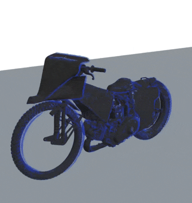 Digital 3D-model af et tohjulet køretøj vist i udviklingsmiljø med fokus på konstruktion, geometri og tekniske komponenter. Billedet indgår i Team Danmark-casen og illustrerer konceptudvikling, simulering og teknisk validering som en del af udviklingen af specialiserede løsninger med høje krav til ydeevne og funktionalitet.