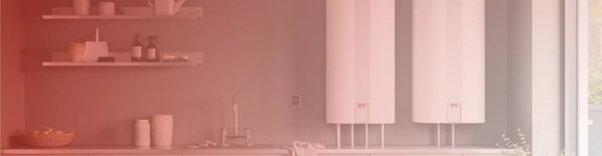 Køkkenmiljø med væghængte varmtvands- og varmeanlæg vist med rødt overlay. Billedet fungerer som header til Metro Therm-casen om udvikling af tekniske løsninger til varme- og energisystemer.