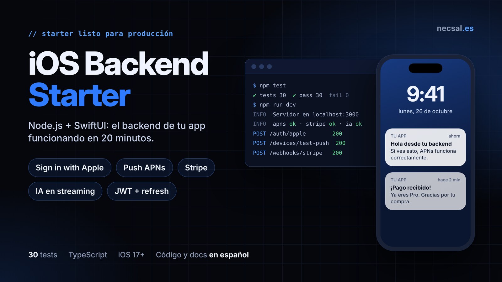 iOS Backend Starter: backend Node.js y app SwiftUI con Sign in with Apple, notificaciones push, Stripe e IA