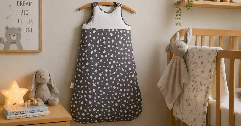 Winter baby sleep sack in a nursery, illustrated