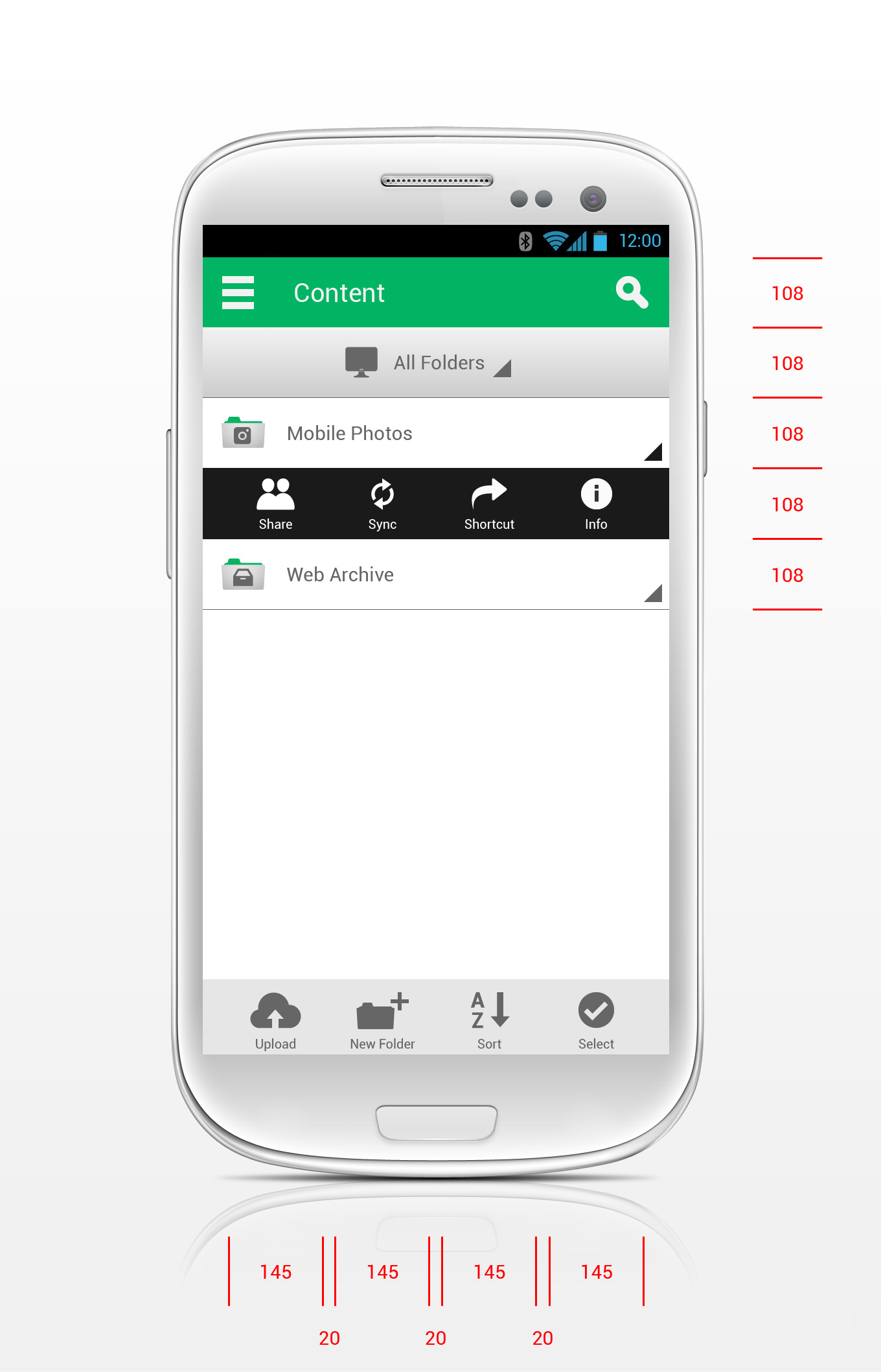 Android screen showing dimension notations