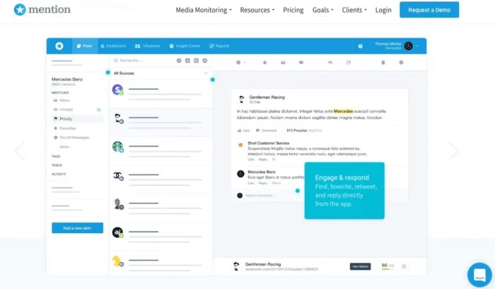 Mention dashboard showing real-time brand mentions, influencer scores, and sentiment filters.