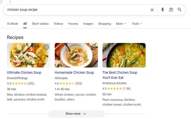 Recipe schema for chicken soup recipe.