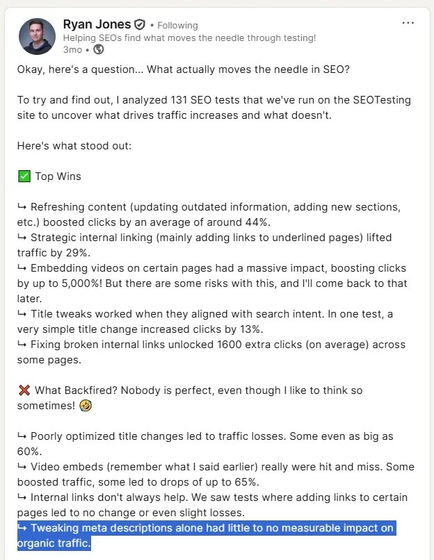 A Linkedin post by Ryan Jones.