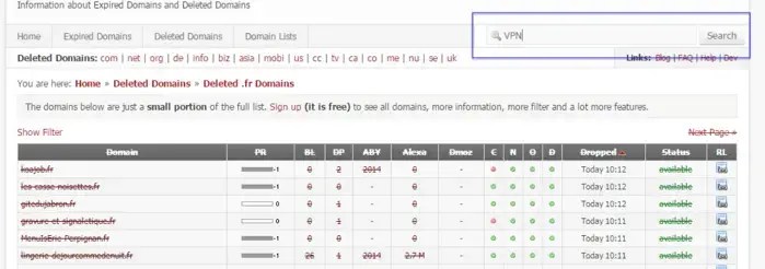 Information about expired domains.