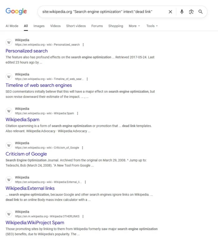 A site search on Wikipedia.
