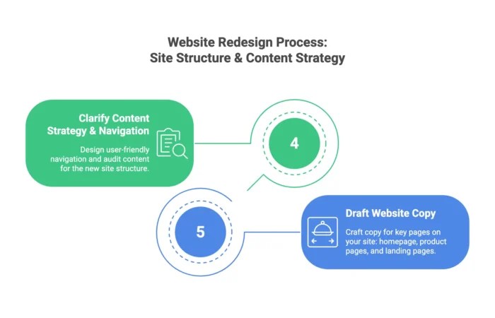 A graphic detailing site structure and content strategy parts of the website redesign process.