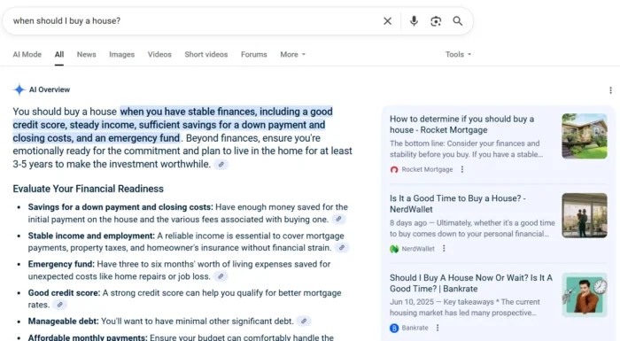 An AI overview result for "When should I buy a house?"
