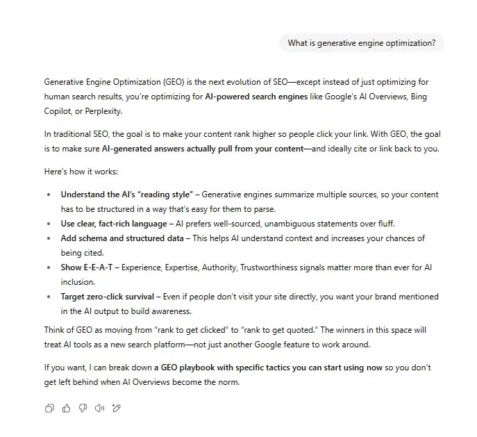 A ChatGPT response for generative engine optimization.