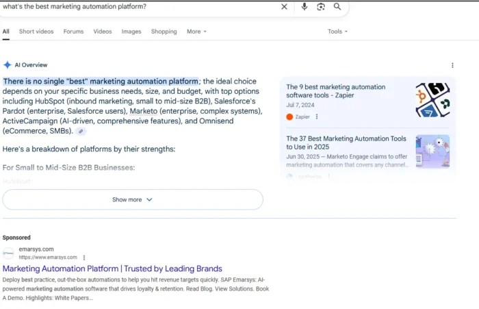 AI overviews and Sponsored ads in Google.