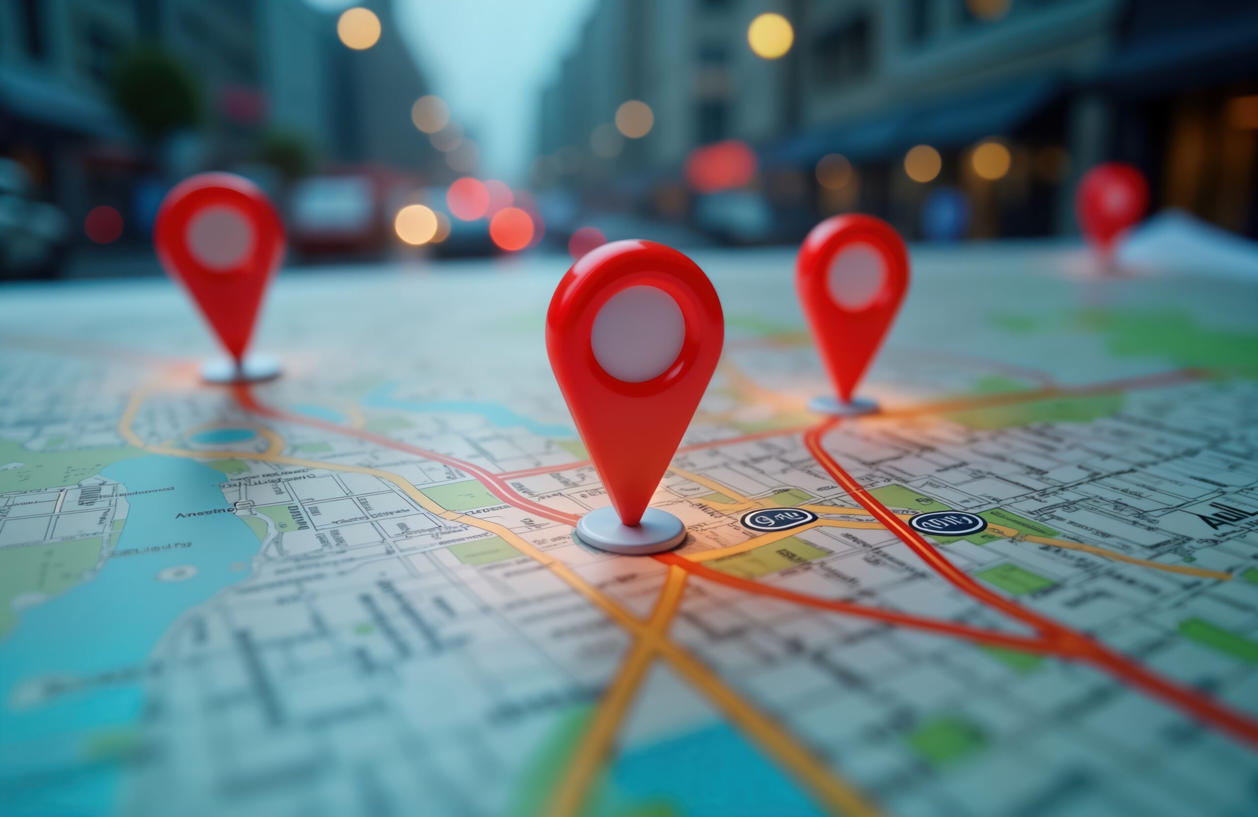 Map with multiple red location pins. City map shows routes, destinations. GPS technology, route planning concept. Innovation in transport logistics. New address location pinpoint navigation. Future