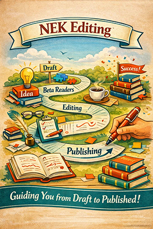 The book publishing process with NEK Editing’s logo with a winding path leading through stages labeled Draft, Beta Readers, Editing, and Publishing, representing both self‑publishing and traditional publishing paths.