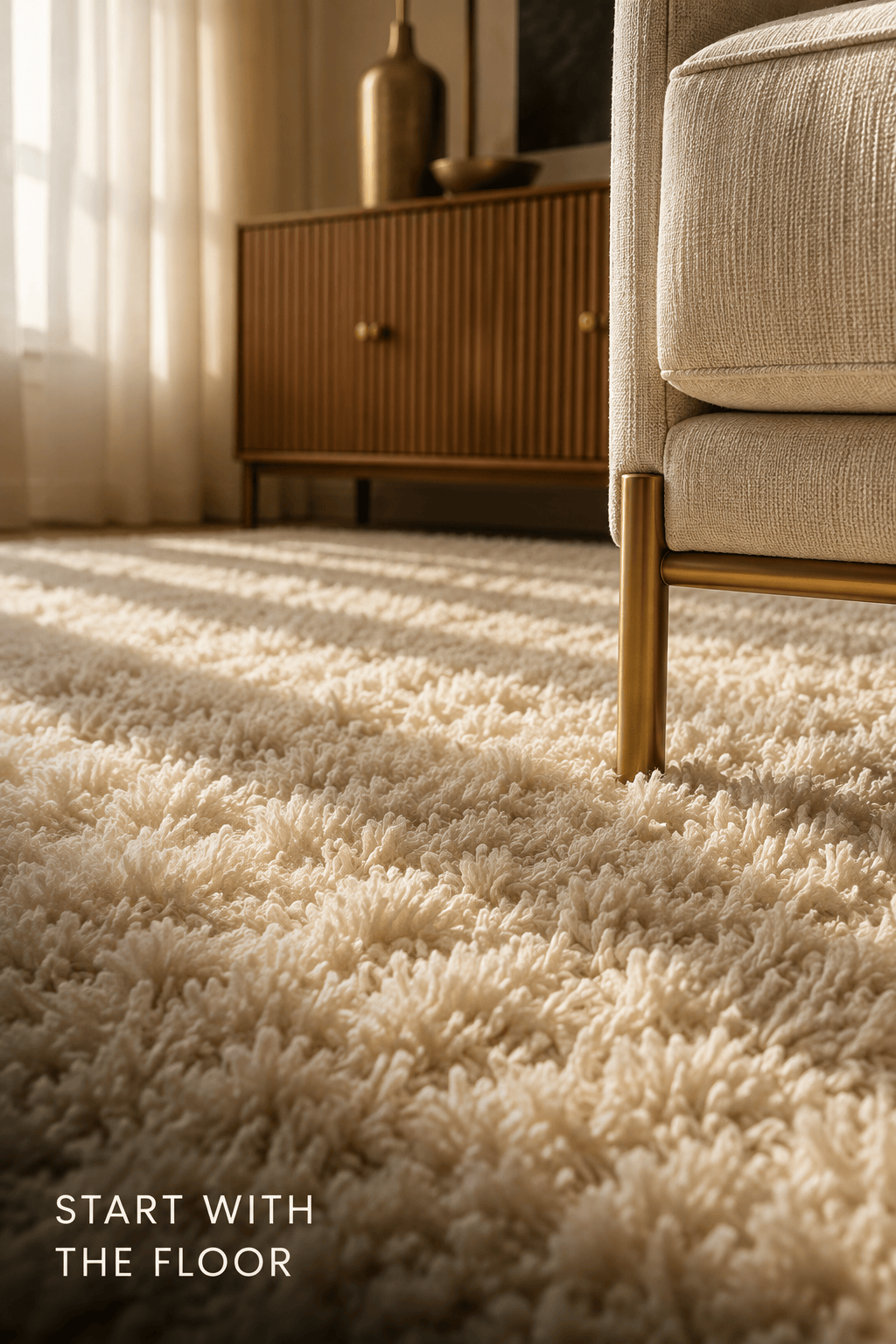 Close low-angle view of a deep cream high-pile shag rug with the slim brass foot of an armchair pressing into the pile