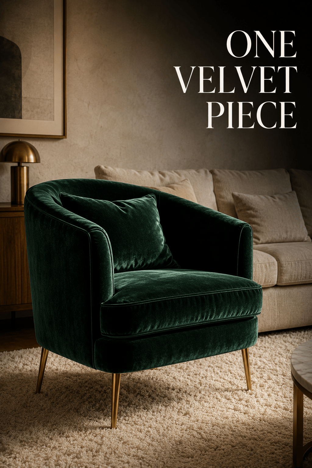 A single emerald velvet armchair standing alone against a calm oatmeal linen sofa and matte plaster wall