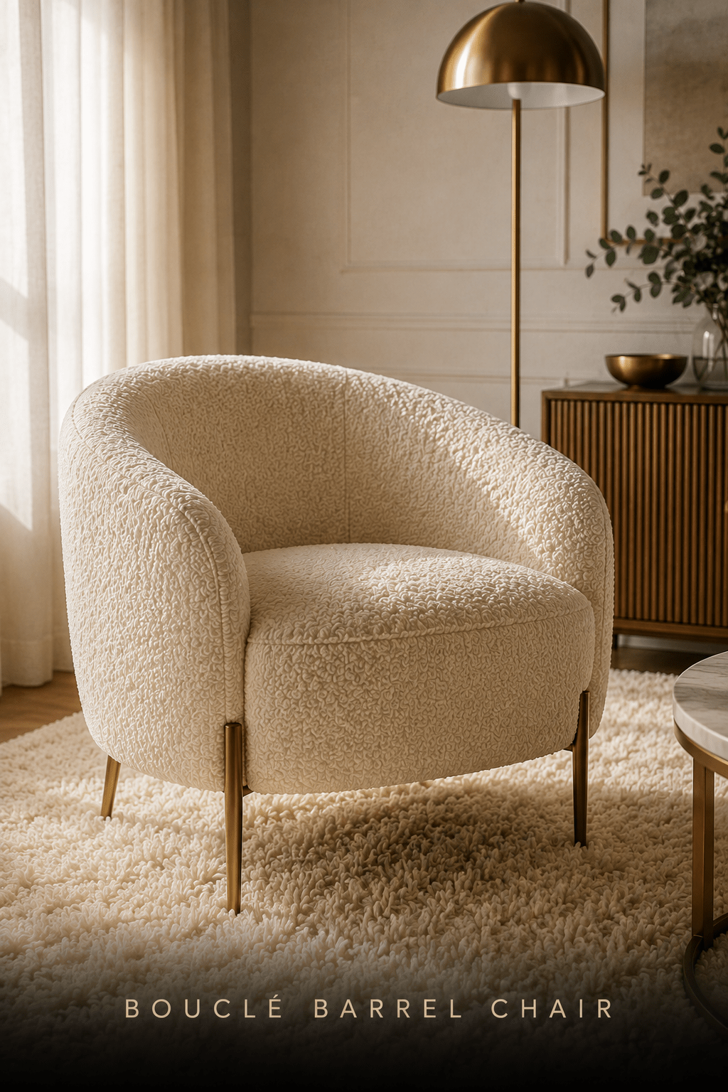 Three-quarter view of an ivory bouclé barrel accent chair on slender brass legs on a cream high-pile rug