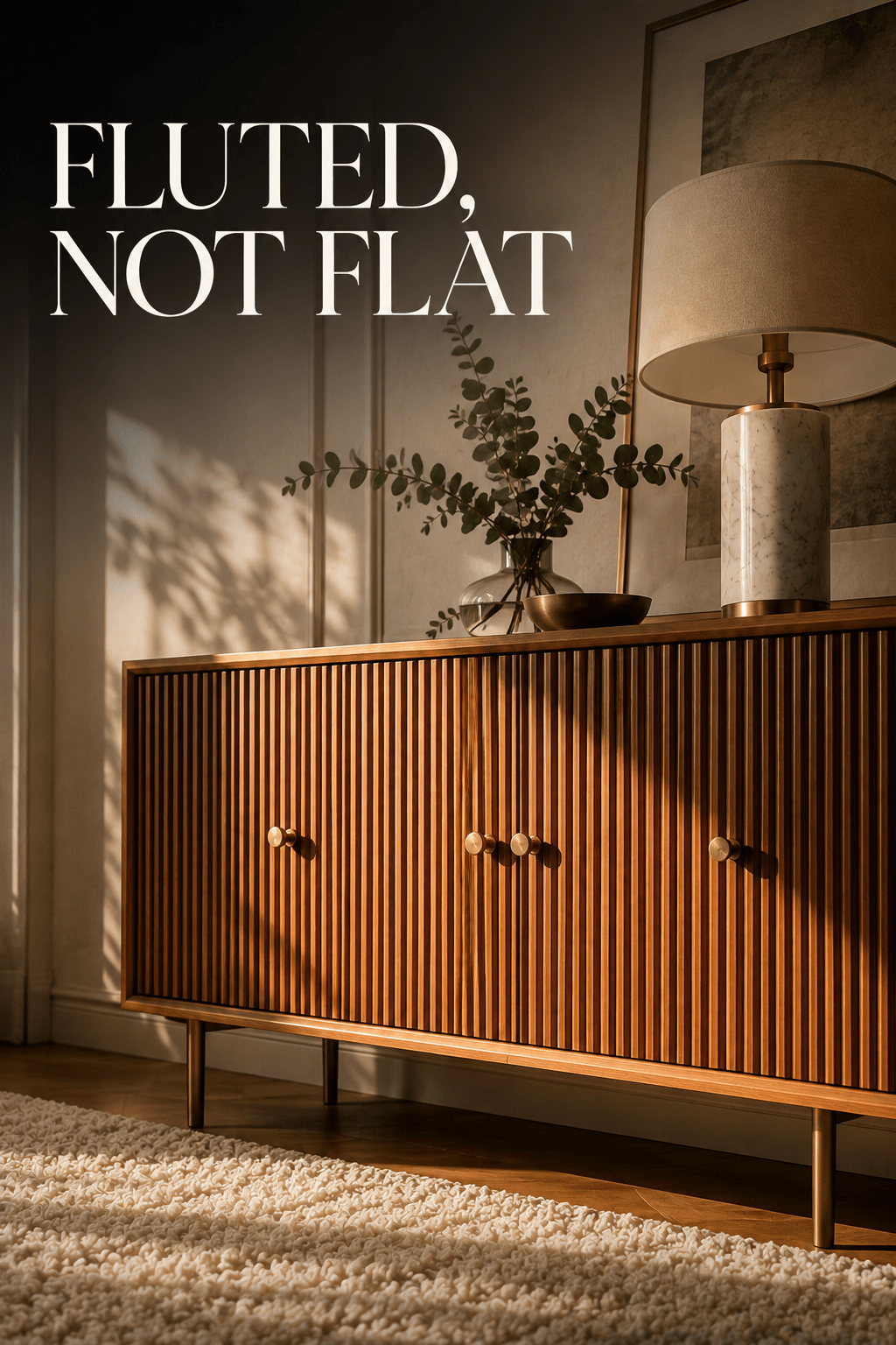 Straight-on view of a warm oak fluted sideboard with slim brass legs, side light raking across the vertical flutes