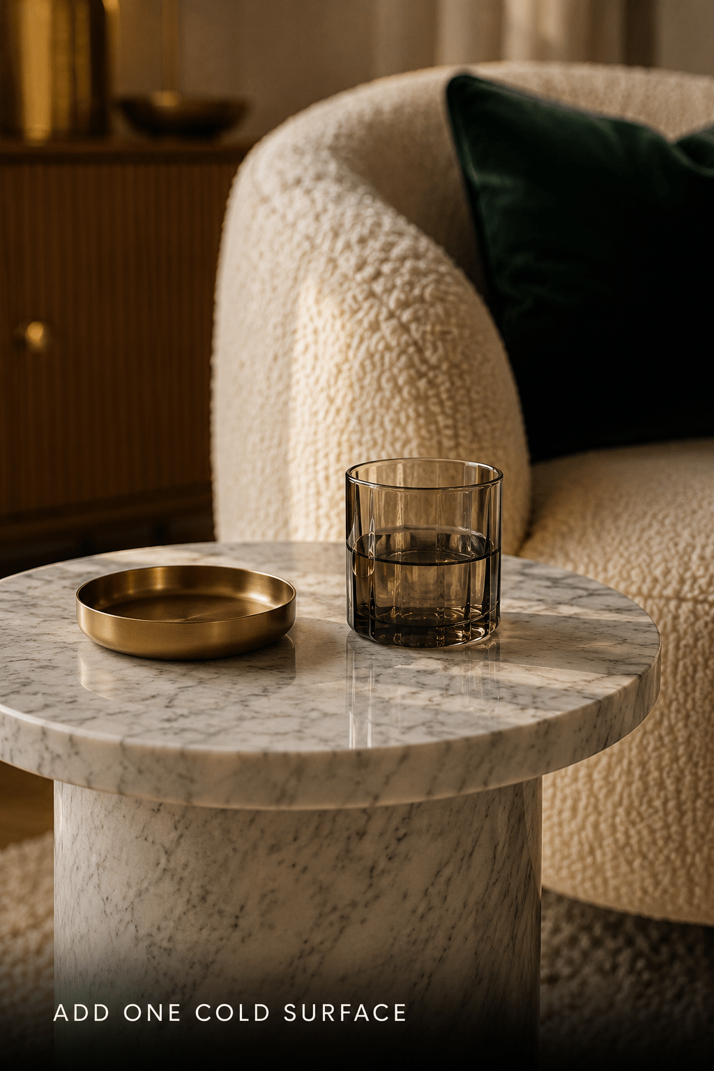 Detail of a honed white-and-grey marble side table top with a small brass tray and a smoked-glass tumbler