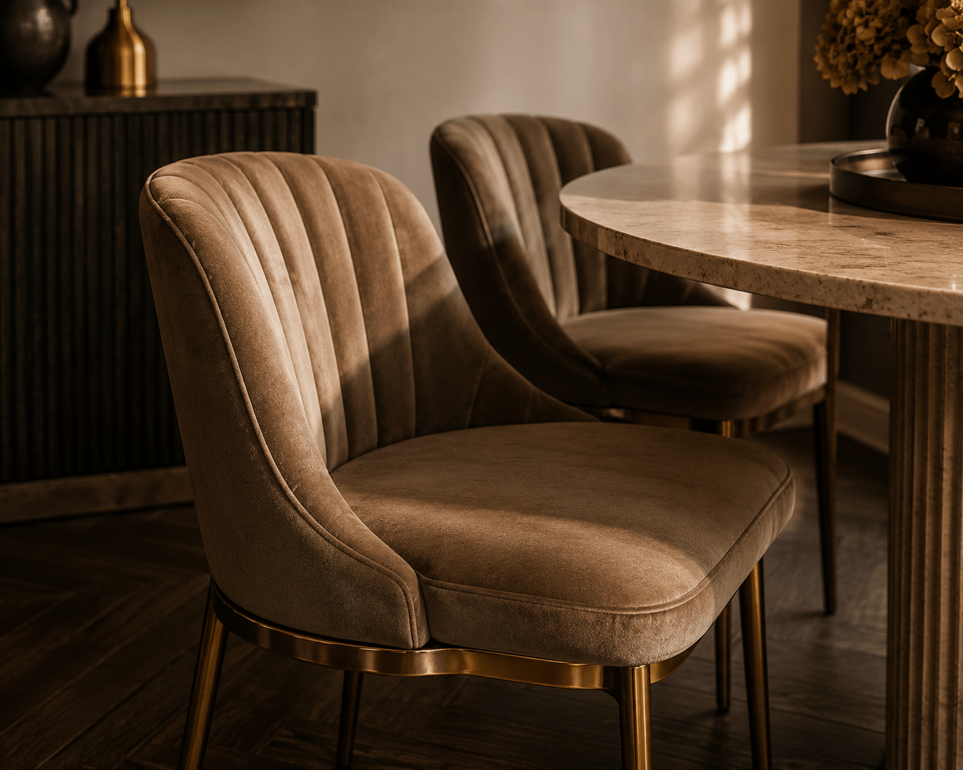 Round travertine Art Deco dining table with sculptural pedestal base in a softly lit dining room