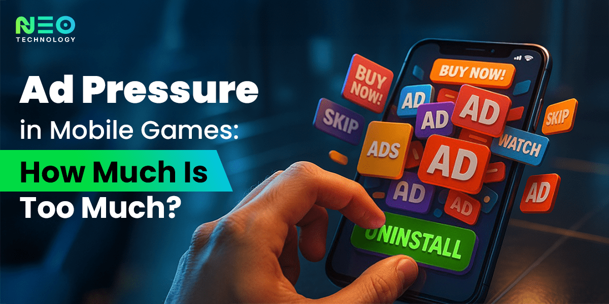 Hand holding a smartphone overloaded with colorful ad buttons such as Buy Now, Ads, Skip, and Uninstall, illustrating excessive ad pressure in mobile games.