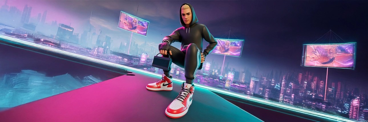Metaverse character in a hoodie crouching on a neon platform with cityscape and floating digital billboards in the background.