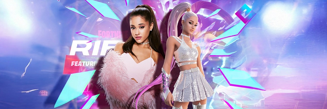 Ariana Grande Fortnite character skins in a vibrant sci-fi environment with neon elements.