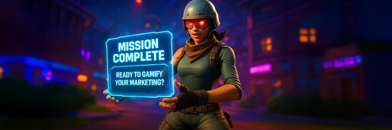 Gamified character holding a glowing “Mission Complete” sign promoting marketing gamification in a neon city environment