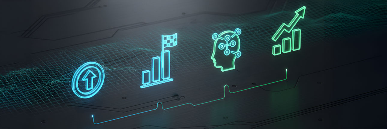 Neon green digital icons on a dark tech background showing an upward arrow, business growth bars, an AI head, and an increasing trend line.