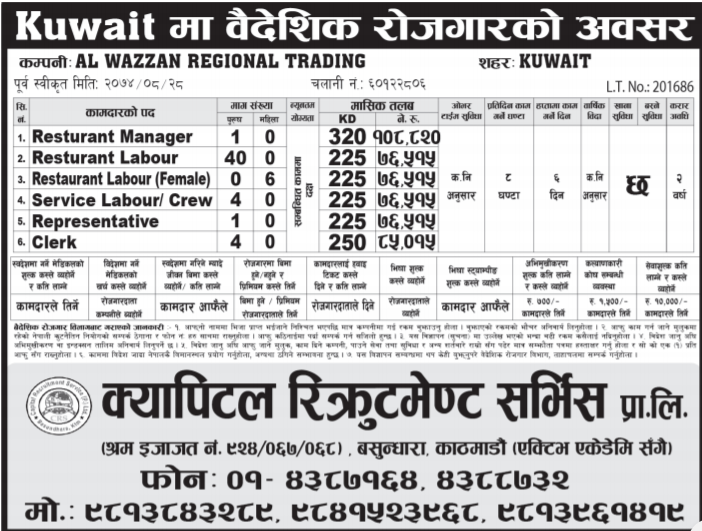 Kuwait Job Vacancy in Restaurant Job Finder in Nepal, Nepali Job