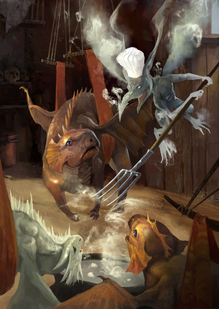 In Crones and Their Cravings 5E D&D adventurers rescue dragon wyrmlings from the clutches of a Picnic Hag coven and their nasty Steam Mephit chef. The challenge rating system makes this a Hard encounter for 11th level characters.