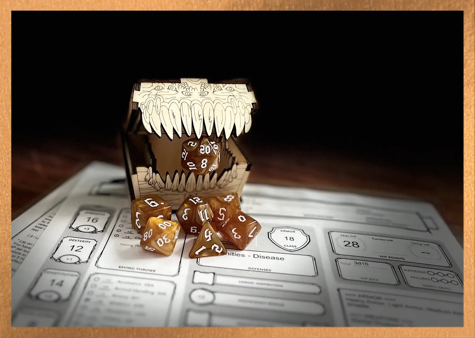 amber swirl polyhedral dice with white numbering sits on a character sheet while a mimic eats the D20