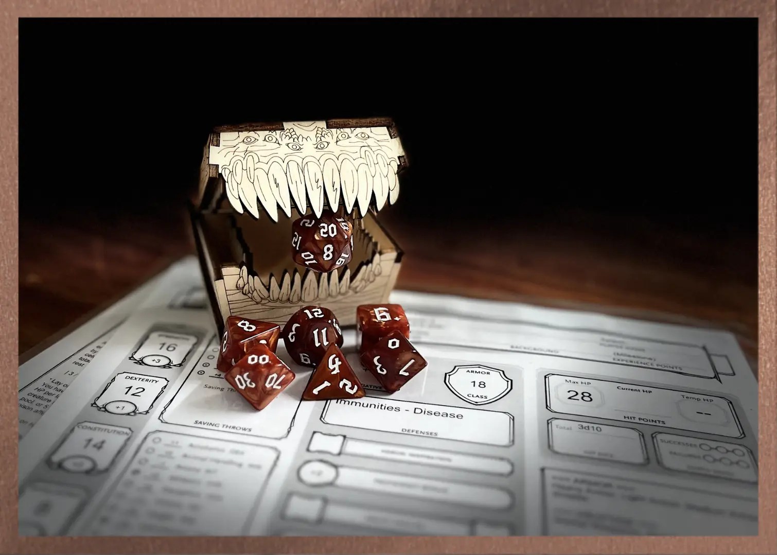 brown swirl polyhedral dice with white numbering sits on a character sheet while a mimic eats the D20